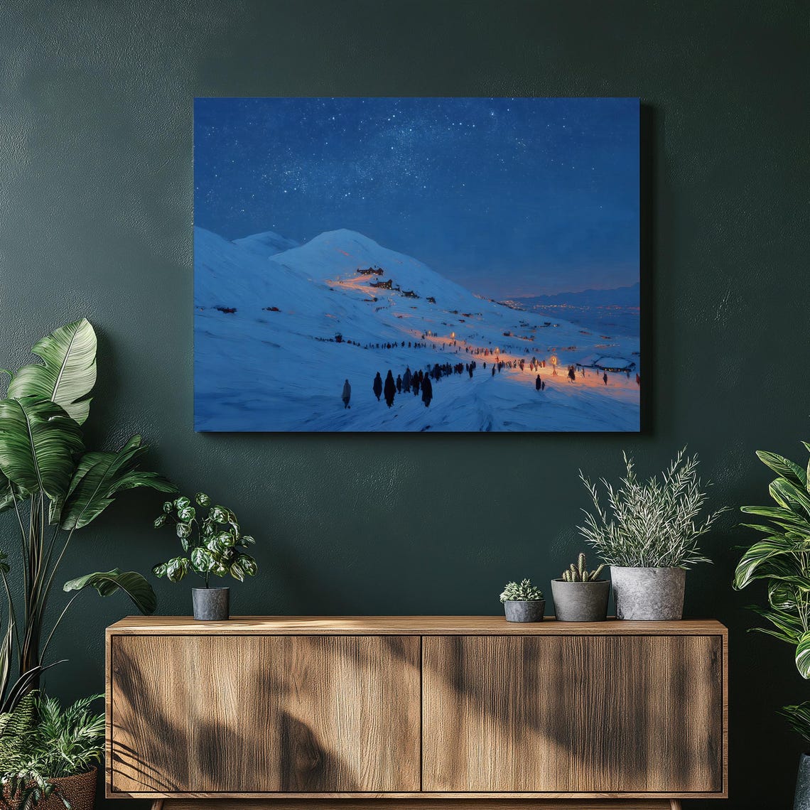 Moonlit Snowy Mountain Starry Night Torchlit Trek Canvas Wall Art