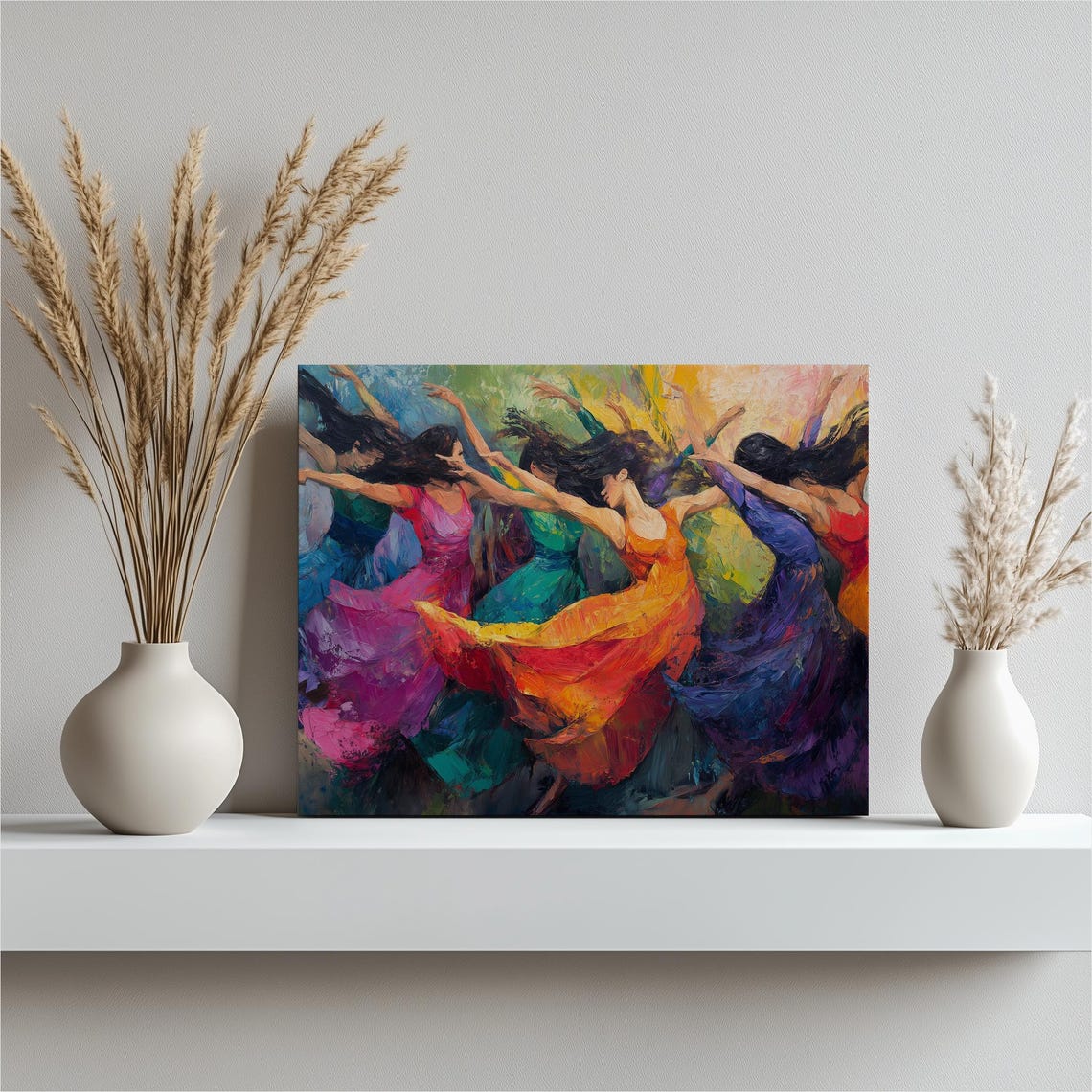 Colorful Dancers Flowing Dresses Joyful Movement Oil Painting Poster