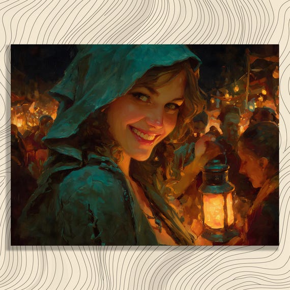 Lantern Glow Canvas Wall Art Hooded Cloak Woman Night Market Painting Warm Candlelight Festival Scene Decor Portrait Colorful Print Gift
