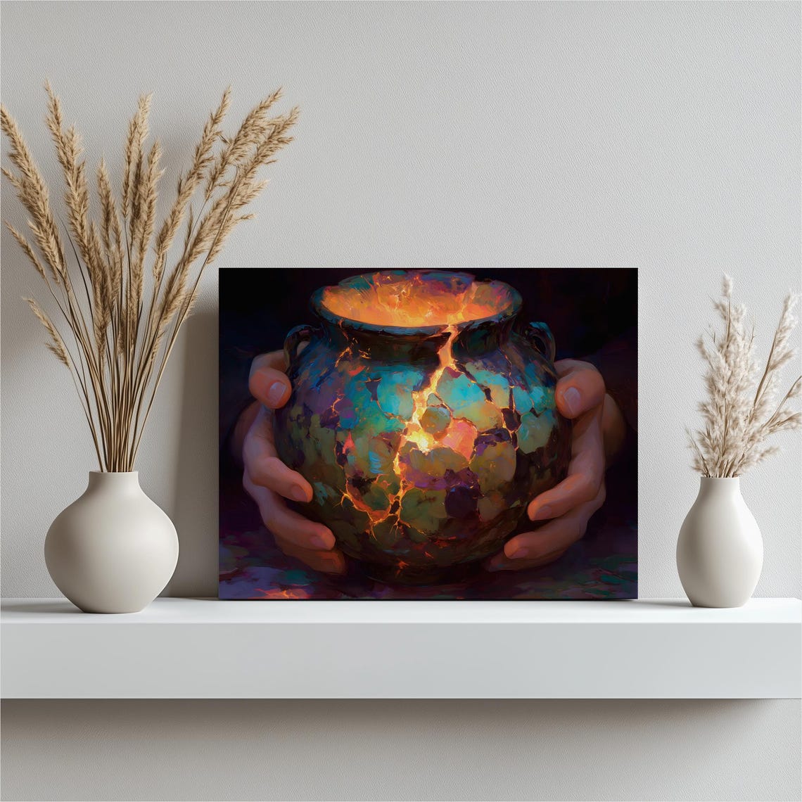 Kintsugi Ceramic Pot Held in Hands Glowing Gold Seams Art Print