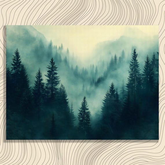 Misty Pine Forest Canvas Wall Art Serene Mountain Landscape Print Decor Painting Tranquil Wilderness Scene Minimal Nature Artwork