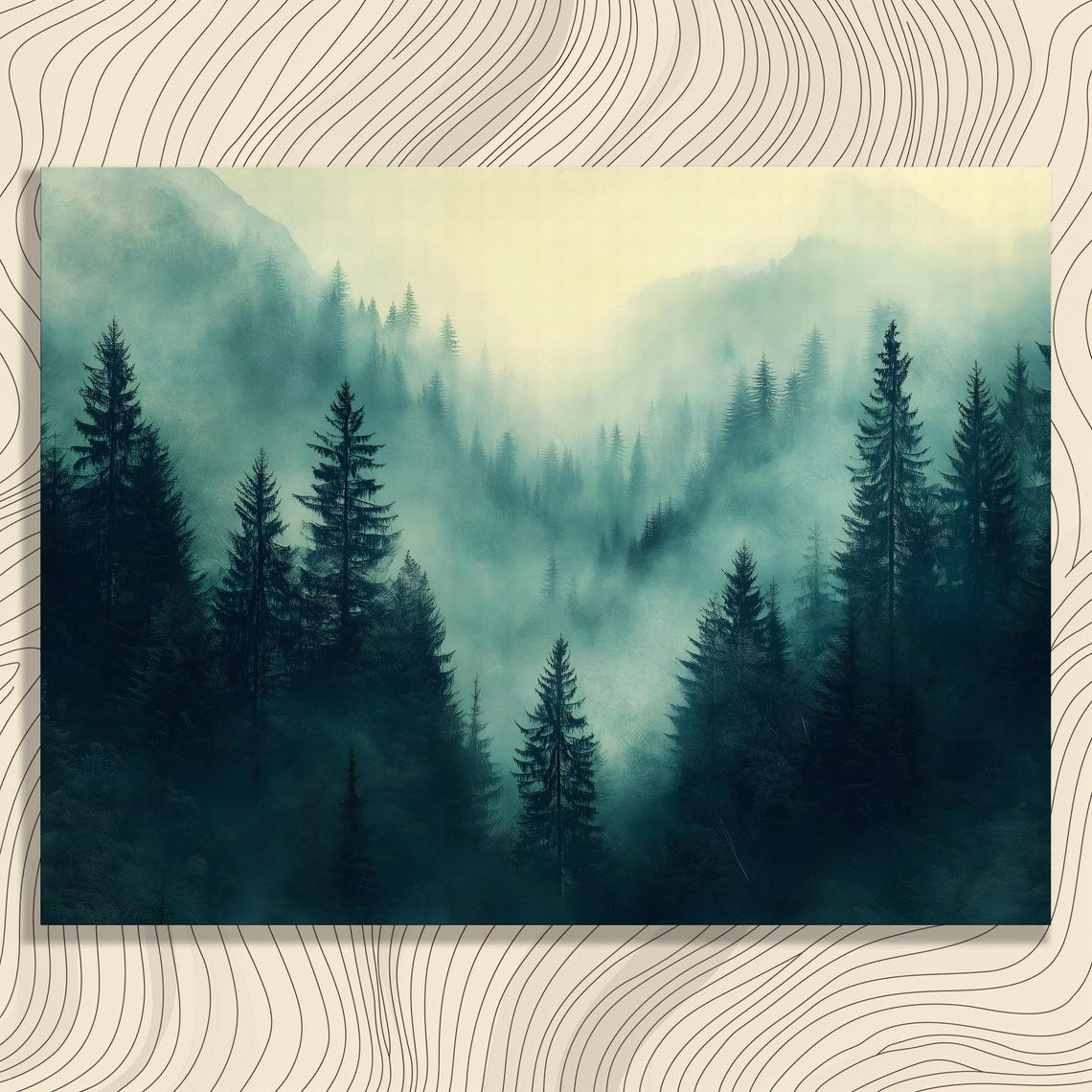 Misty Pine Forest Green Foggy Mountain Trees Serene Nature Poster
