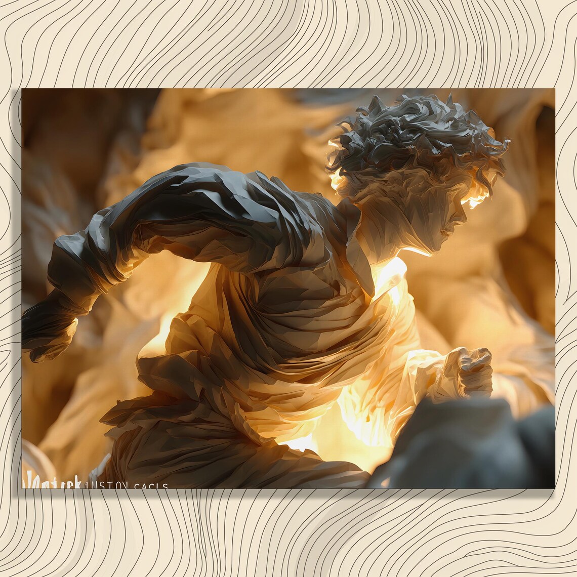 Glowing Golden Paper Sculpture of Running Man in Motion Wall Art