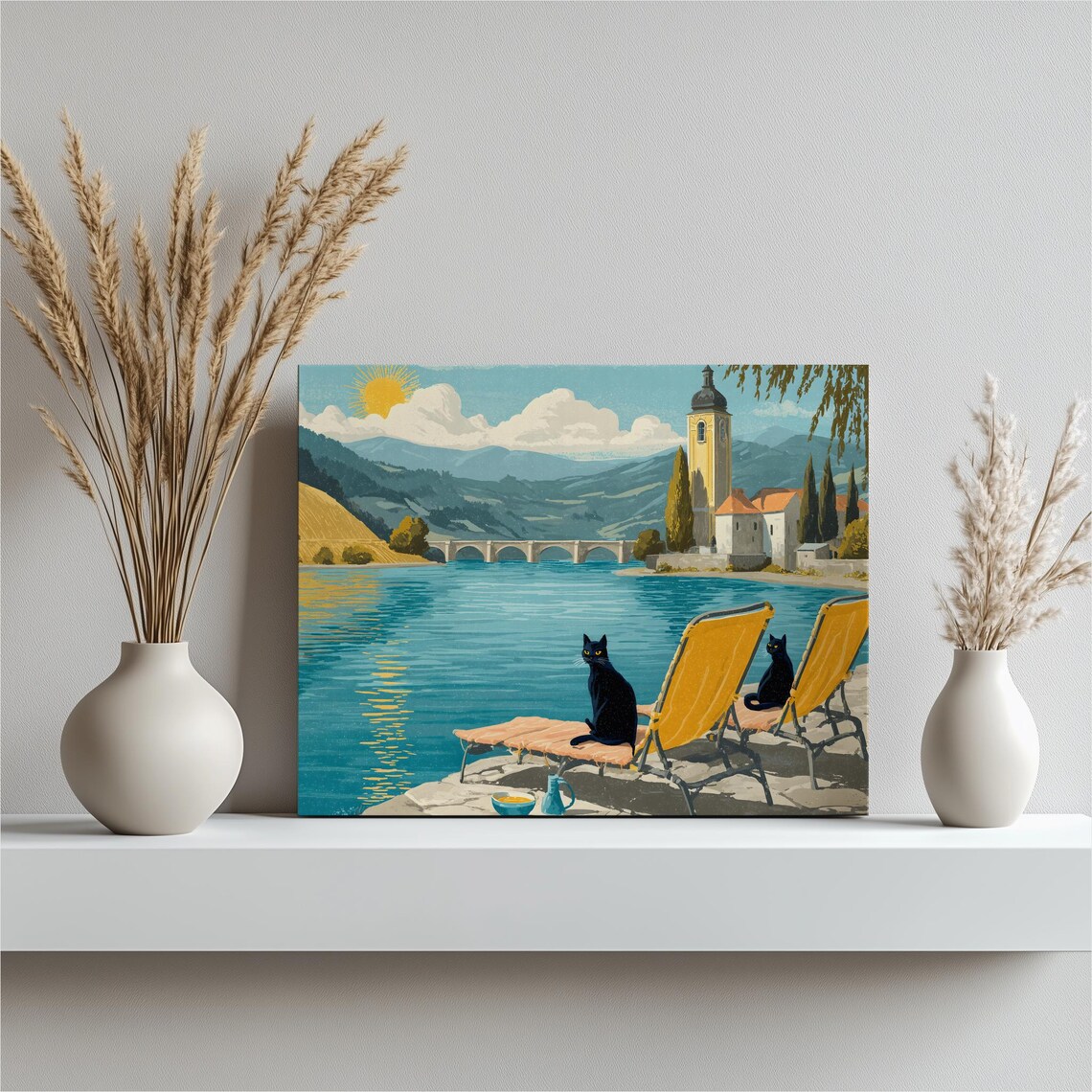 Two Black Cats Lakeside Vintage Travel Style Poster Old World Sunny Shore