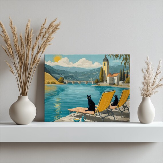 Two Black Cats Lakeside Vintage Travel Style Poster Old World Sunny Shore