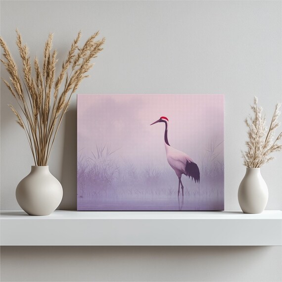 Red Crowned Crane Canvas Wall Art Tranquil Minimalist Bird Decor Modern Nature Print Zen Landscape Misty Sunrise Wetland Reflection