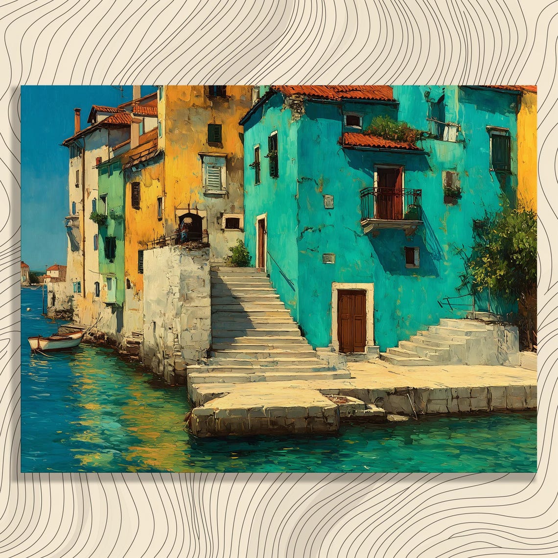 Colorful Mediterranean Harbor Town Waterfront Painting Poster