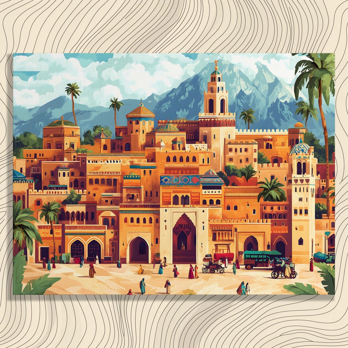 Vibrant Middle Eastern Cityscape Mountain Travel Scene Poster