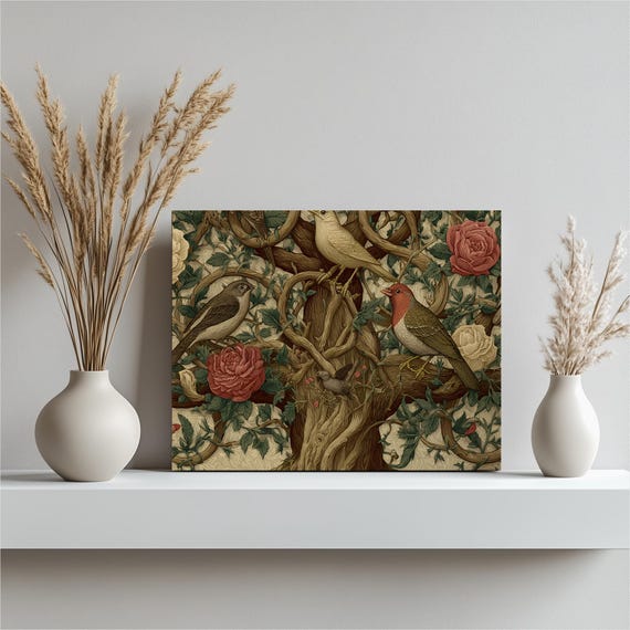 Vintage Songbirds Roses Canvas Wall Art Botanical Print Bird Rose Painting Nature Illustration Vines Tree Trunk Decor