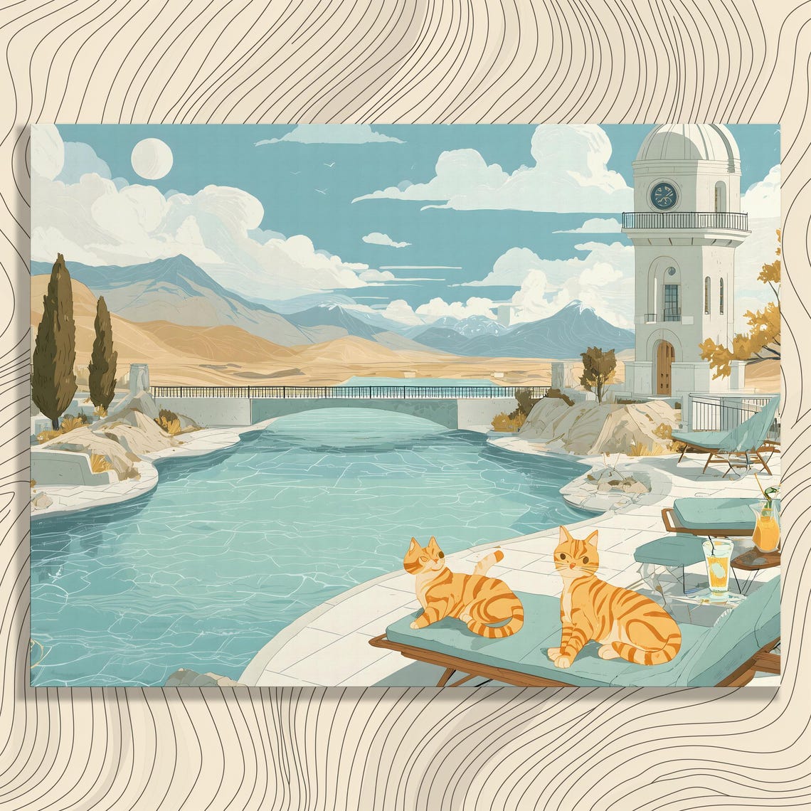 Orange Tabby Cats Lounging by Villa Pool in Sunshine Wall Art
