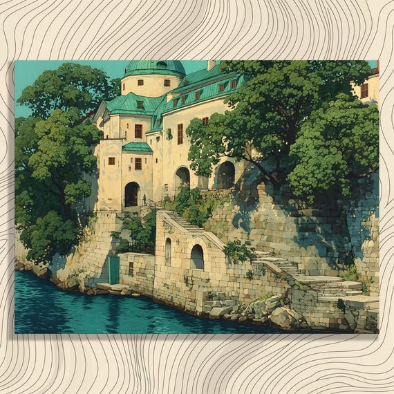 Coastal Castle Canvas Wall Art Waterfront Scene Stone Steps Dome Illustration Colorful Home Decor Vintage Architecture Artwork