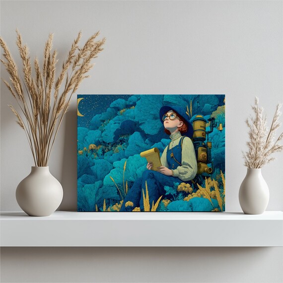 Starry Night Explorer Canvas Wall Art Steampunk Backpack Under Crescent Moon In Blue Forest Fantasy Sky Nature Illustration Print