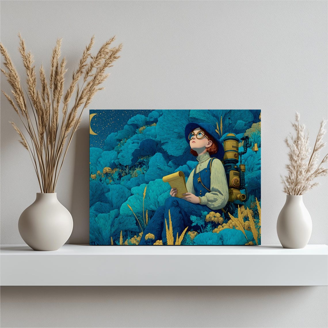 Steampunk Girl Explorer Night Sky Teal Foliage Fantasy Canvas Print