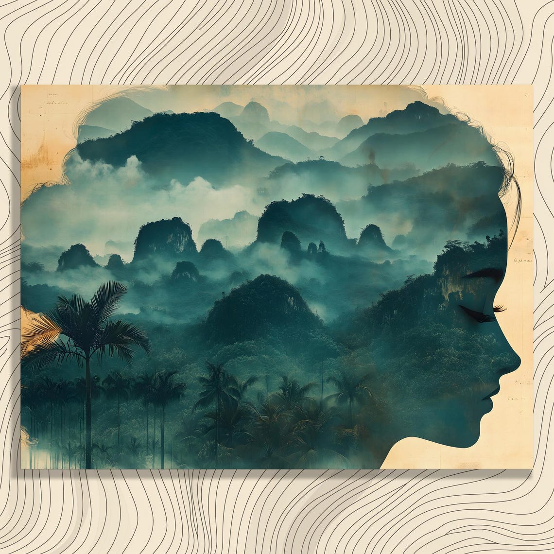 Tropical Double Exposure Woman Silhouette Mountain Mist Wall Art
