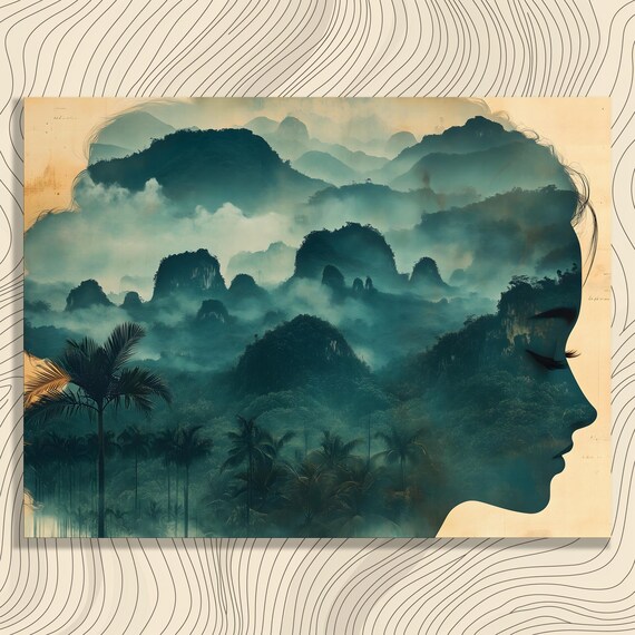 Tropical Double Exposure Woman Silhouette Mountain Mist Wall Art