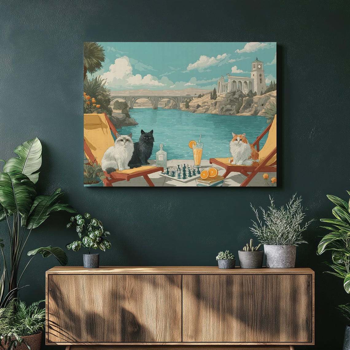 Cats Lounging by the Sea with Chess and Lemonade Coastal Summer Poster