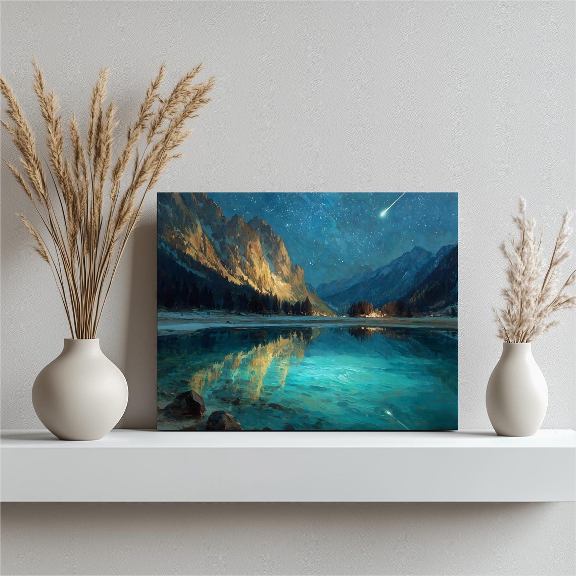 Starry Night Shooting Star Mountain Lake Reflection Serene Canvas Poster