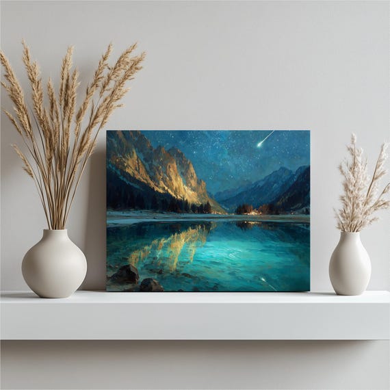 Starry Night Shooting Star Mountain Lake Reflection Serene Canvas Poster