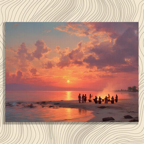Honduras Sunset Beach Canvas Wall Art Tropical Drum Circle Bonfire Coastal Seascape Print Serene Ocean Horizon Palms Evening Sky Decor