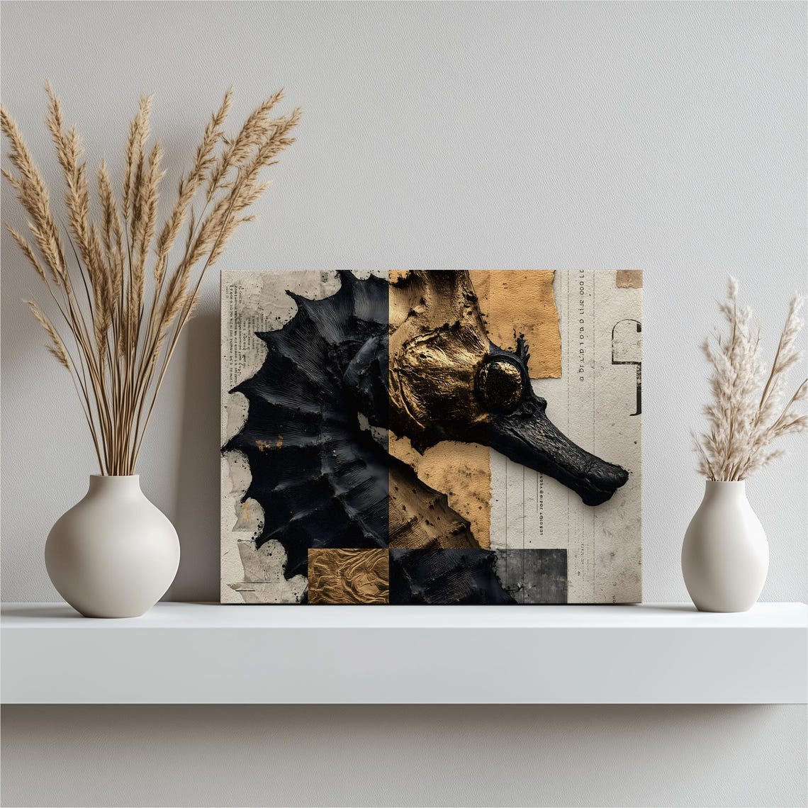 Abstract Seahorse Canvas Wall Art Black Gold Nautical Decor