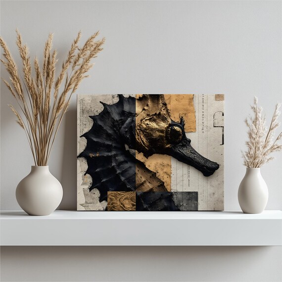 Abstract Seahorse Black Gold Nautical Mixed Media Collage Ocean Art Poster