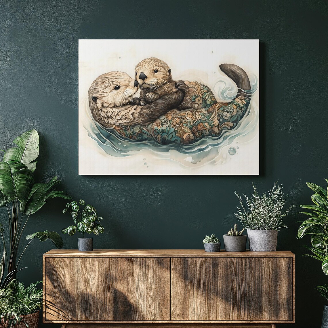 Sea Otter Family Canvas Wall Art Coastal Wildlife Nursery Decor Watercolor Animal Print With Cuddling Mother And Baby Ocean Waves Gift