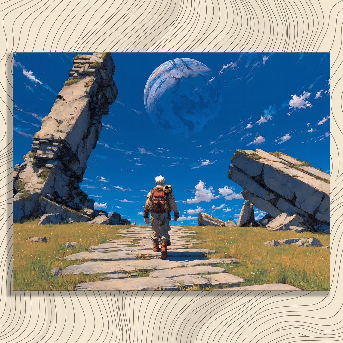 Epic Anime Traveler Giant Planet Sci Fi Adventure Sky Art Poster