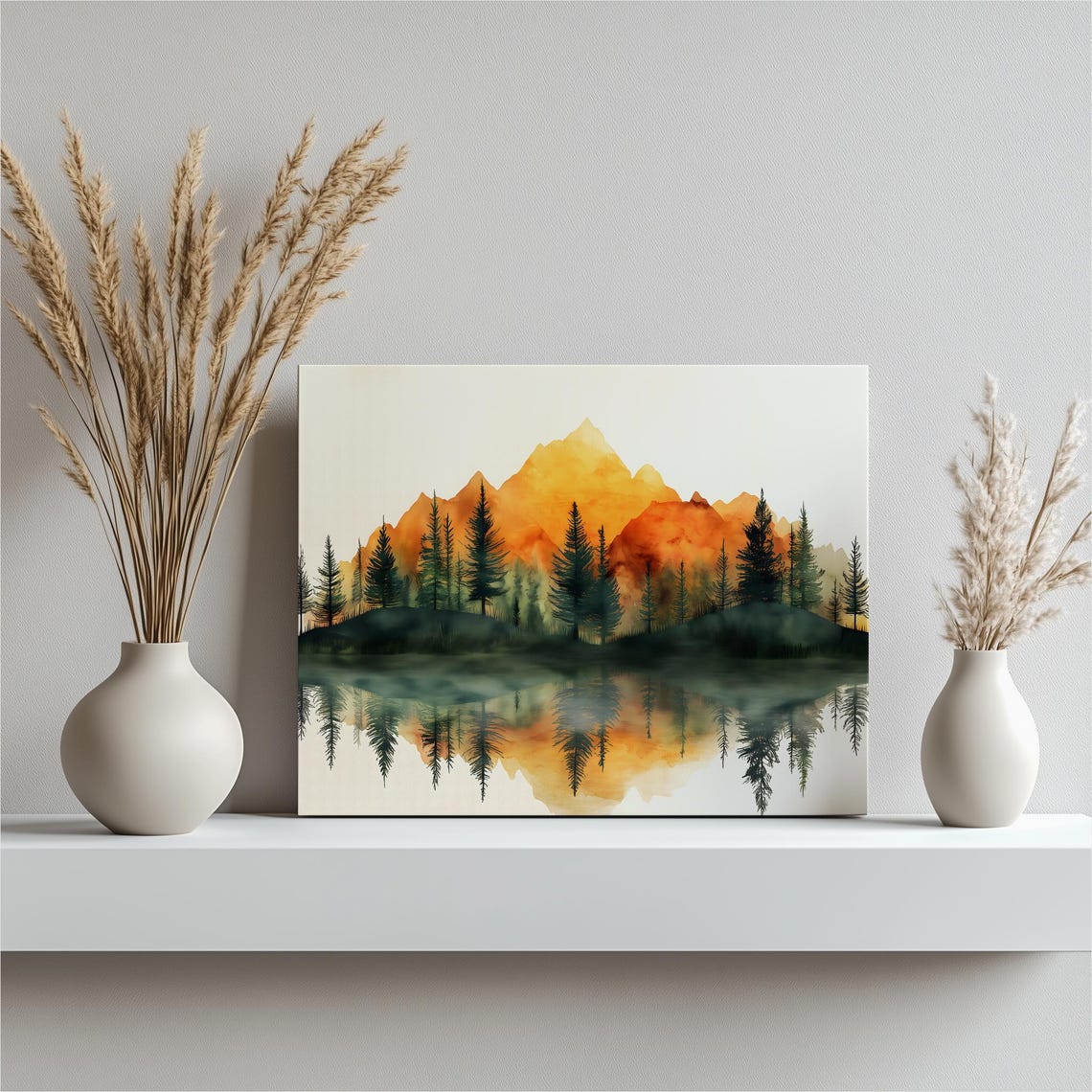 Golden Mountain Lake Reflection Watercolor Nature Landscape Poster
