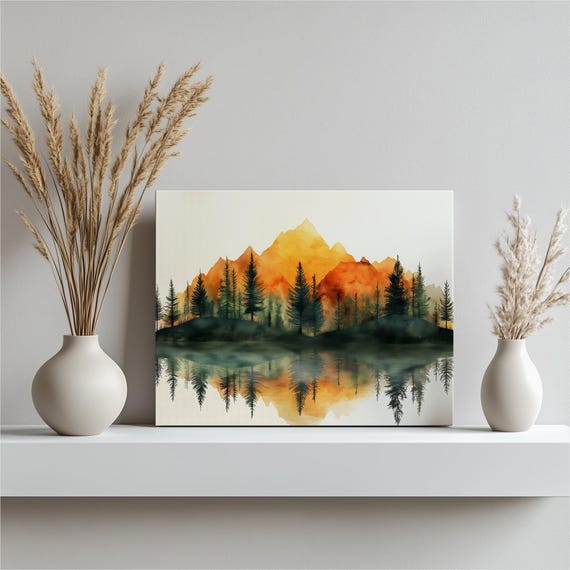 Forest Lake Reflection Canvas Wall Art Watercolor Mountain Landscape With Pine Trees Calm Minimalist Nature Decor