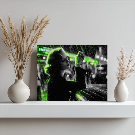 Film Noir Canvas Wall Art Black And White Rainy Night Car Scene Neon Lights Vintage Cinematic Print Cityscape Decor Painting Gift