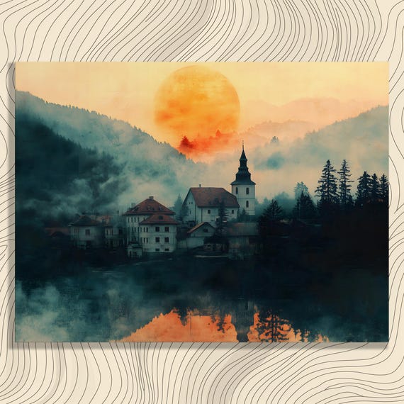 Village Church Sunset Canvas Wall Art Misty Mountain Scenery Vintage Serene Reflection Nature Print For Enthusiasts