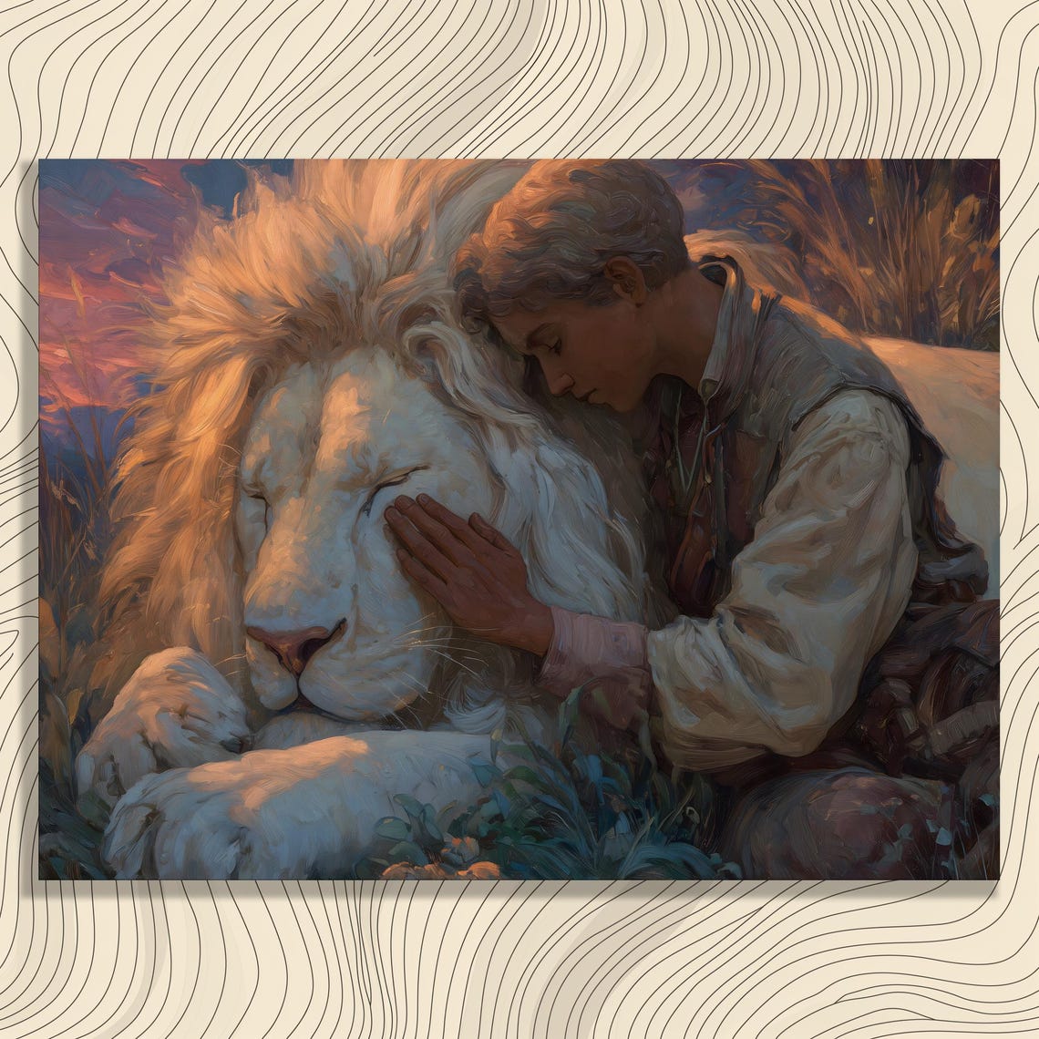 Boy Embracing White Lion Sunset Warm Romantic Wildlife Art Poster