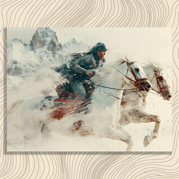 Dynamic Rider Canvas Wall Art Galloping White Horses Modern Mountain Print Adventure Scenic Snowy Peaks Decor Gift For Nature Enthusiasts