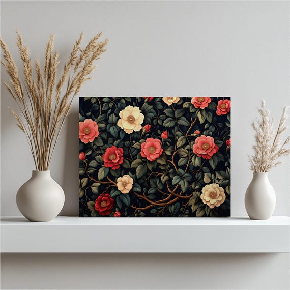 Wild Rose Floral Canvas Wall Art Botanical Pattern Roses And Vines Print Garden Flowers On Dark Background Vintage Inspired Home Decor