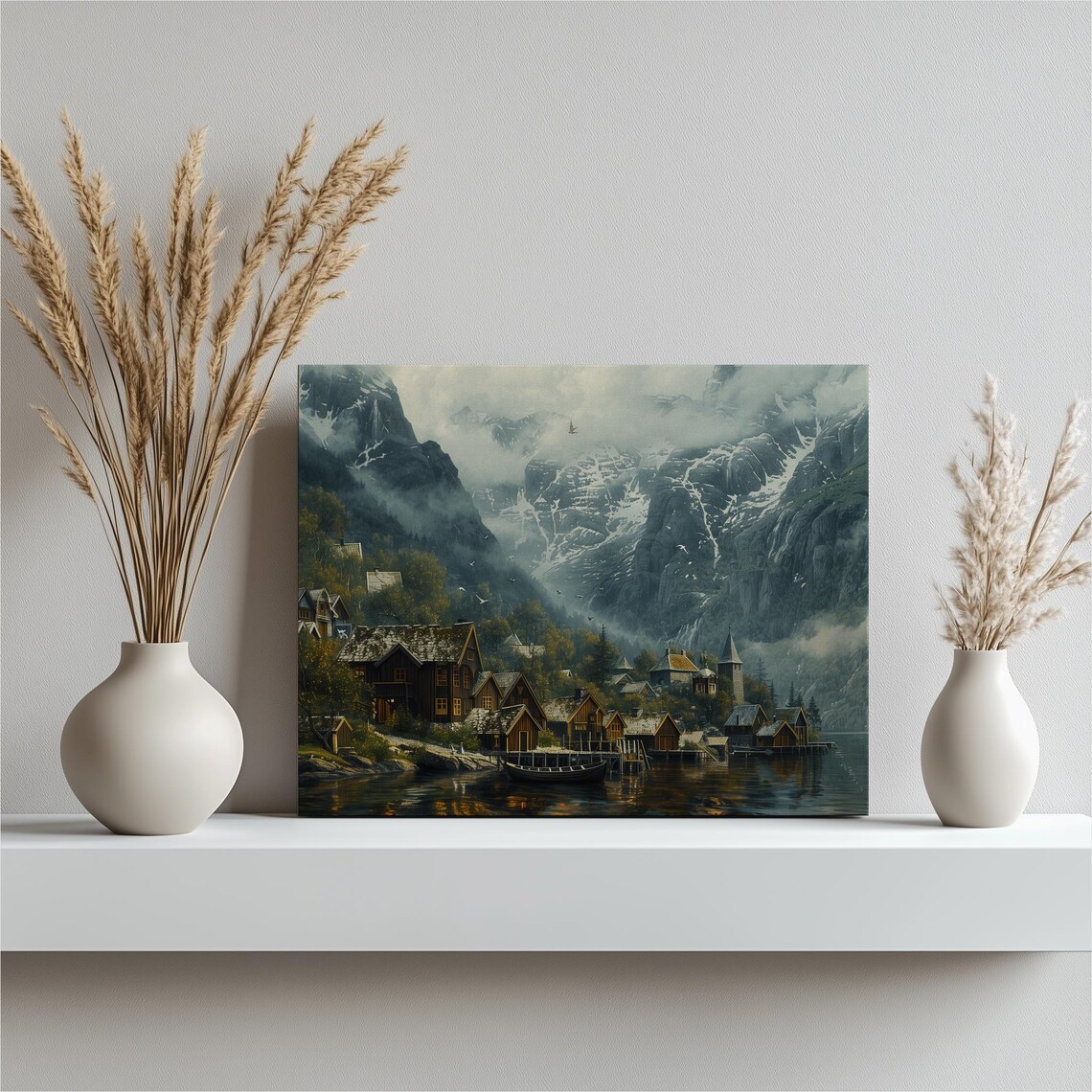 Snowy Norwegian Fjord Village Wooden Cabins Mountain Painting Poster