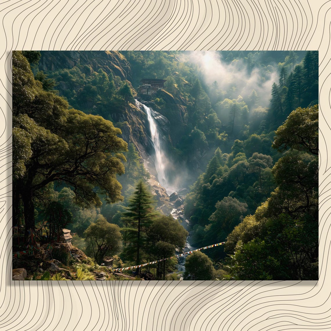 Misty Mountain Waterfall Jungle Temple Nature Landscape Wall Art