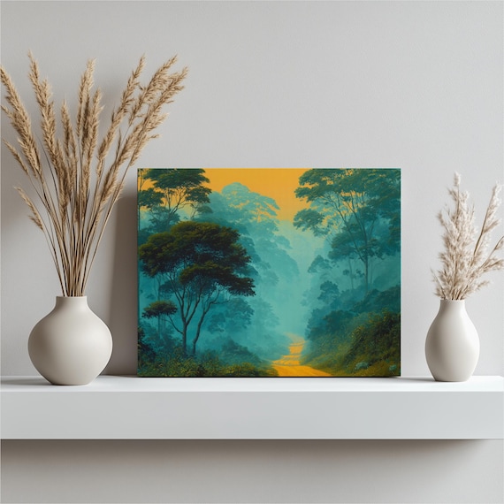 Misty Teal Forest With Golden Light Path Dreamy Nature Painting Poster