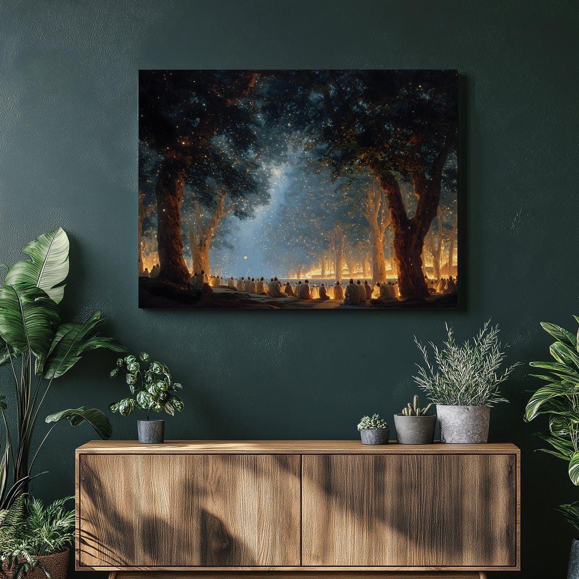 Mystical Moonlit Forest Canvas Wall Art Fireflies Candlelight Night Sky Spiritual Decor Meditation Nature Dark Bohemian