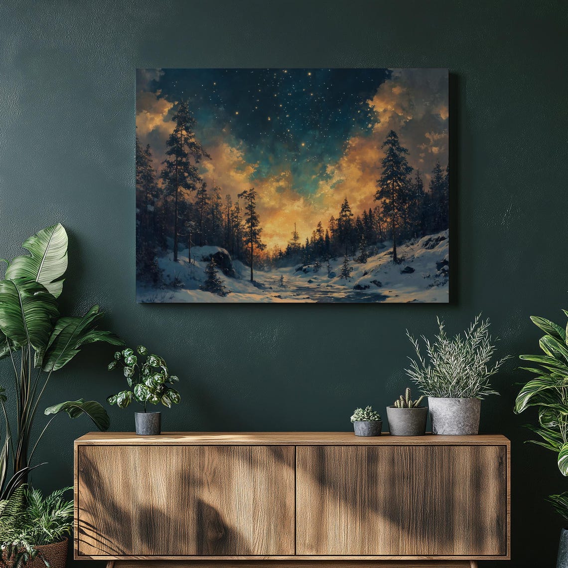Snowy Winter Forest Starry Night Golden Clouds Painting Poster