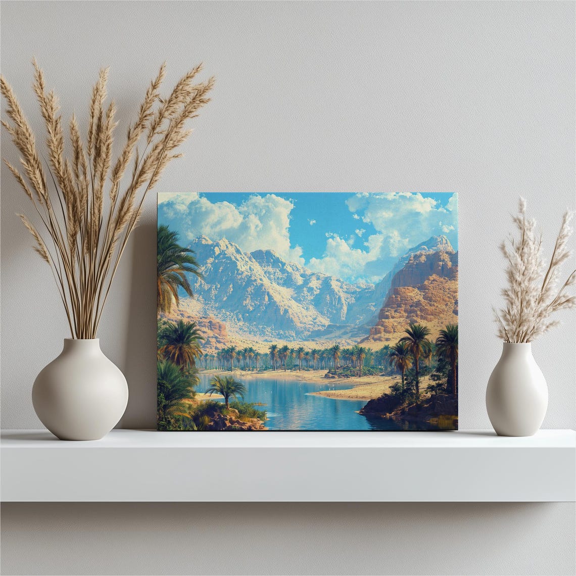 Desert Oasis with Palm Trees Sparkling Lake Mountain Landscape Poster