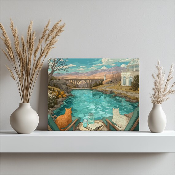 Cats By River Relaxing Poolside Cozy Cottagecore Canvas Print