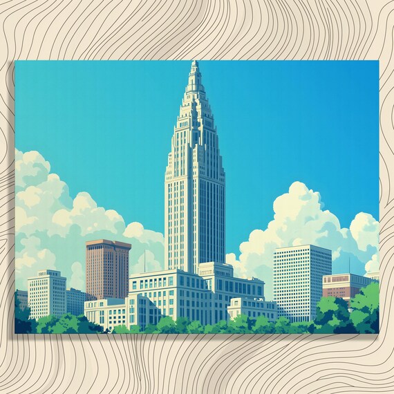Stylized Cityscape Canvas Wall Art Modern Urban Skyline Print Decor Painting Gift For Architects Metropolis Clouds Blue Sky