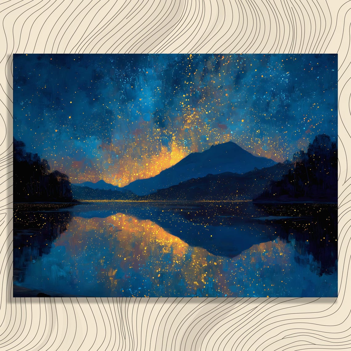 Starry Night Sky Milky Way Mountains Golden Lake Reflection Art Poster
