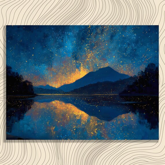 Starry Night Sky Canvas Wall Art Abstract Milky Way Mountain Lake Reflection Forest Silhouette Stargazing Star Field Modern Decor