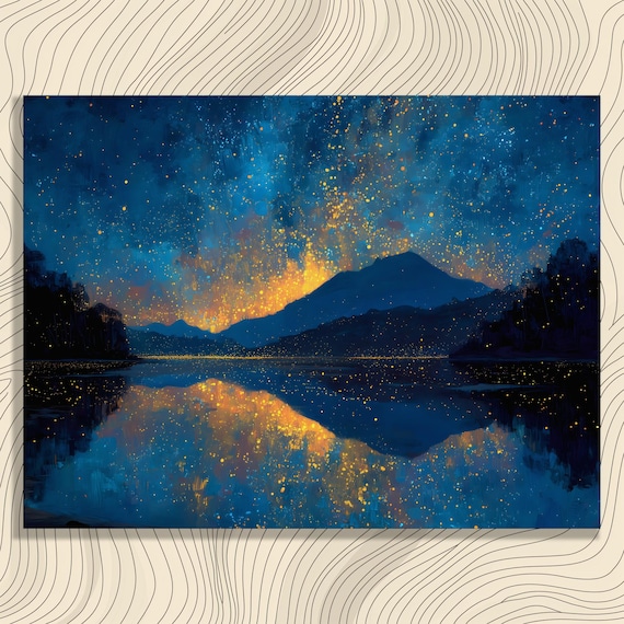 Starry Night Sky Milky Way Mountains Golden Lake Reflection Art Poster