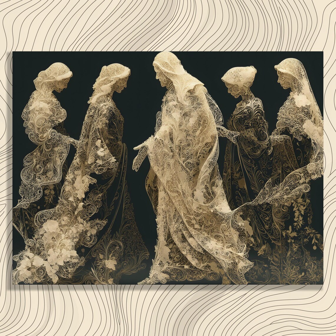 Five Wise Virgins Biblical Bridegroom Gold Filigree Lace Figures Poster
