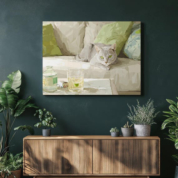 Grey Cat Lounge Canvas Wall Art Cozy Sofa Illustration With A Whiskey Tumbler Modern Feline Print Custom Pet Inspired Decor Style