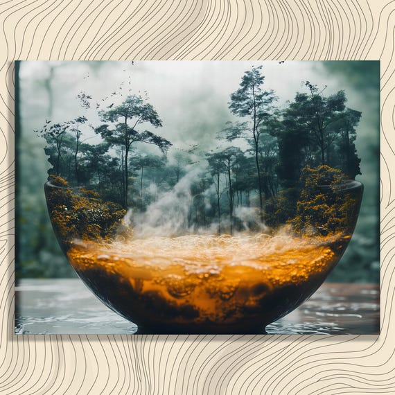 Surreal Forest Bowl Canvas Wall Art Abstract Landscape Nature Decor Print With Mystical Steam Trees And Imaginative