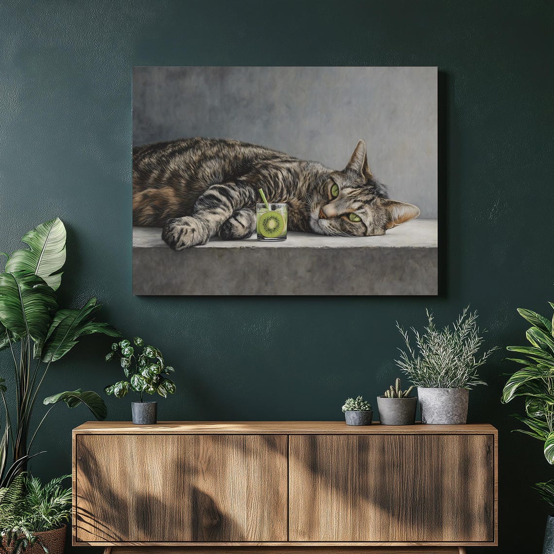 Tabby Cat Canvas Wall Art Hyperrealistic Pet Portrait Still Life With Kiwi Glass Modern Minimalist Animal Decor Gift Print Poster