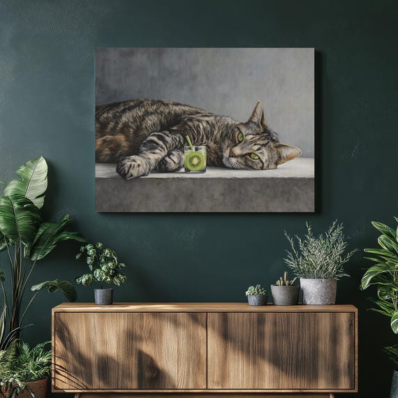 Tabby Cat Canvas Wall Art Hyperrealistic Pet Portrait Still Life With Kiwi Glass Modern Minimalist Animal Decor Gift Print Poster